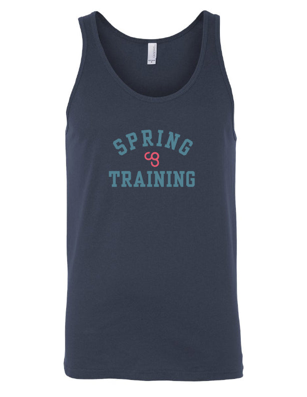 A navy-colored, crew-neck tank top with the text 'SPRING TRAINING' printed across the chest in bold letters with CG logo in the middle.