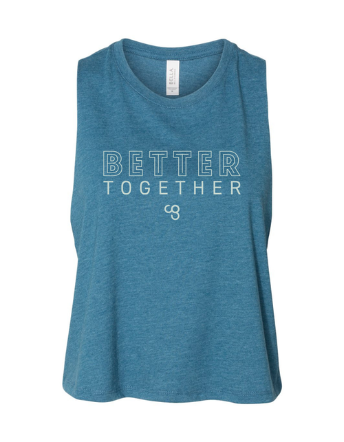 Blue sleeveless shirt with 'Better Together' text on a white background