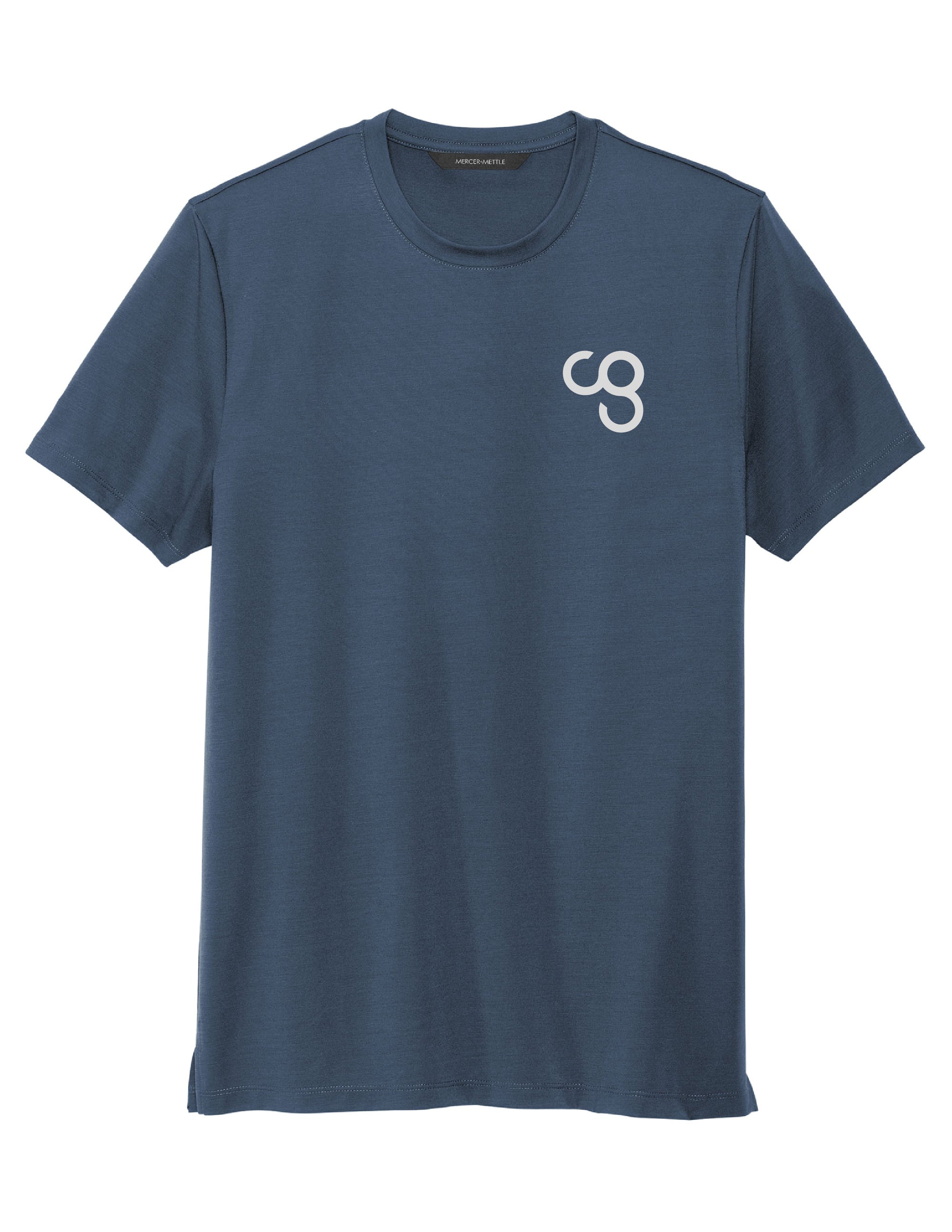 A blue moisture-wicking unisex performance t-shirt with a reflective CG logo on the chest.
