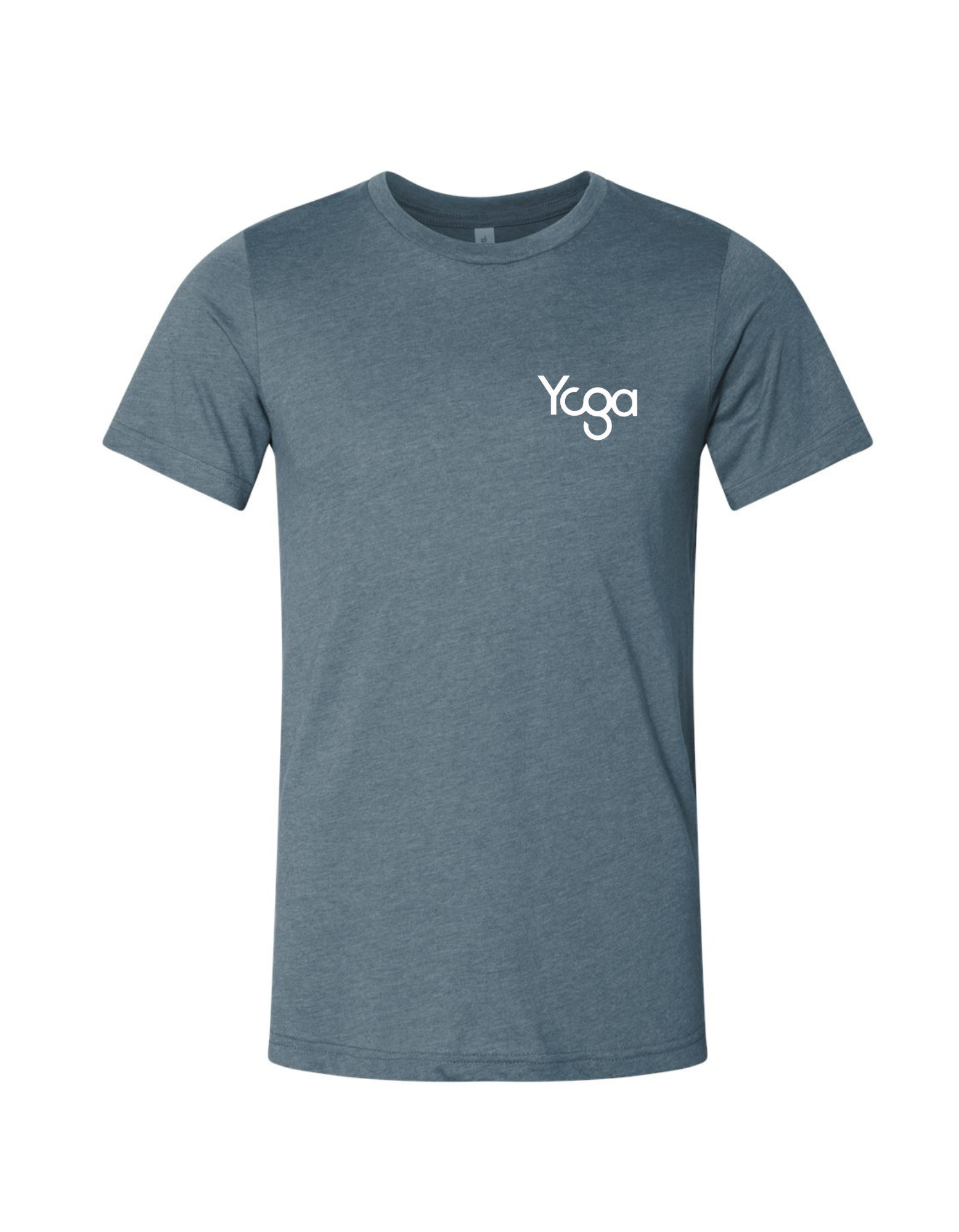 Blue t-shirt with 'Yoga' logo on a white background