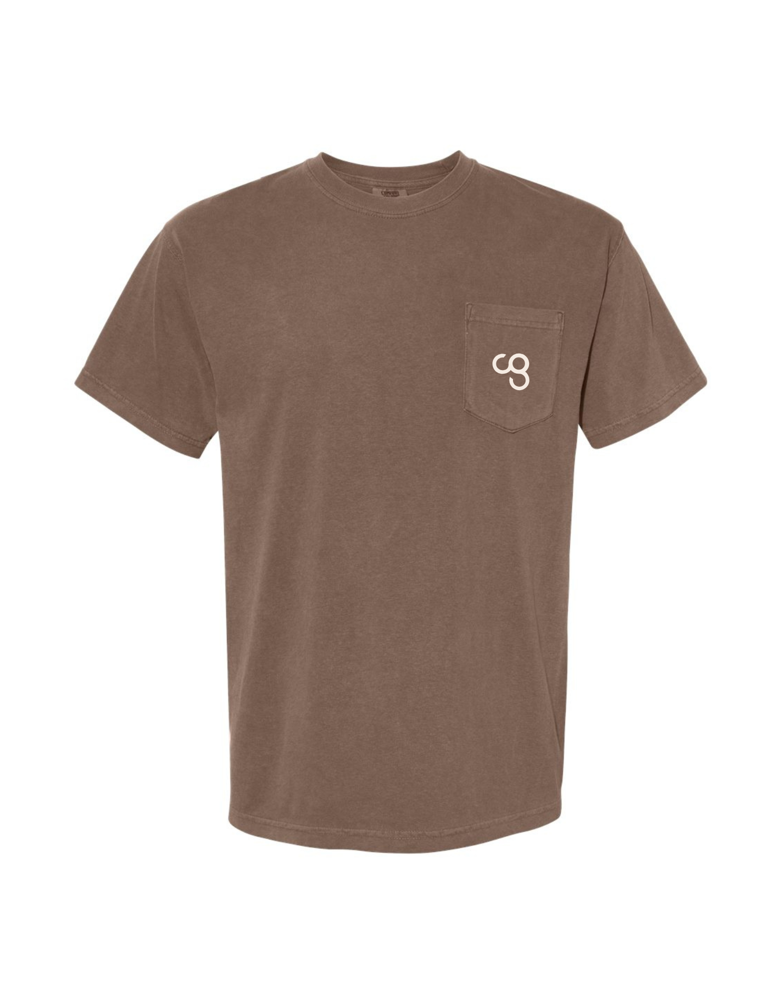 Brown t-shirt with a CG logo on the chest pocket against a white background