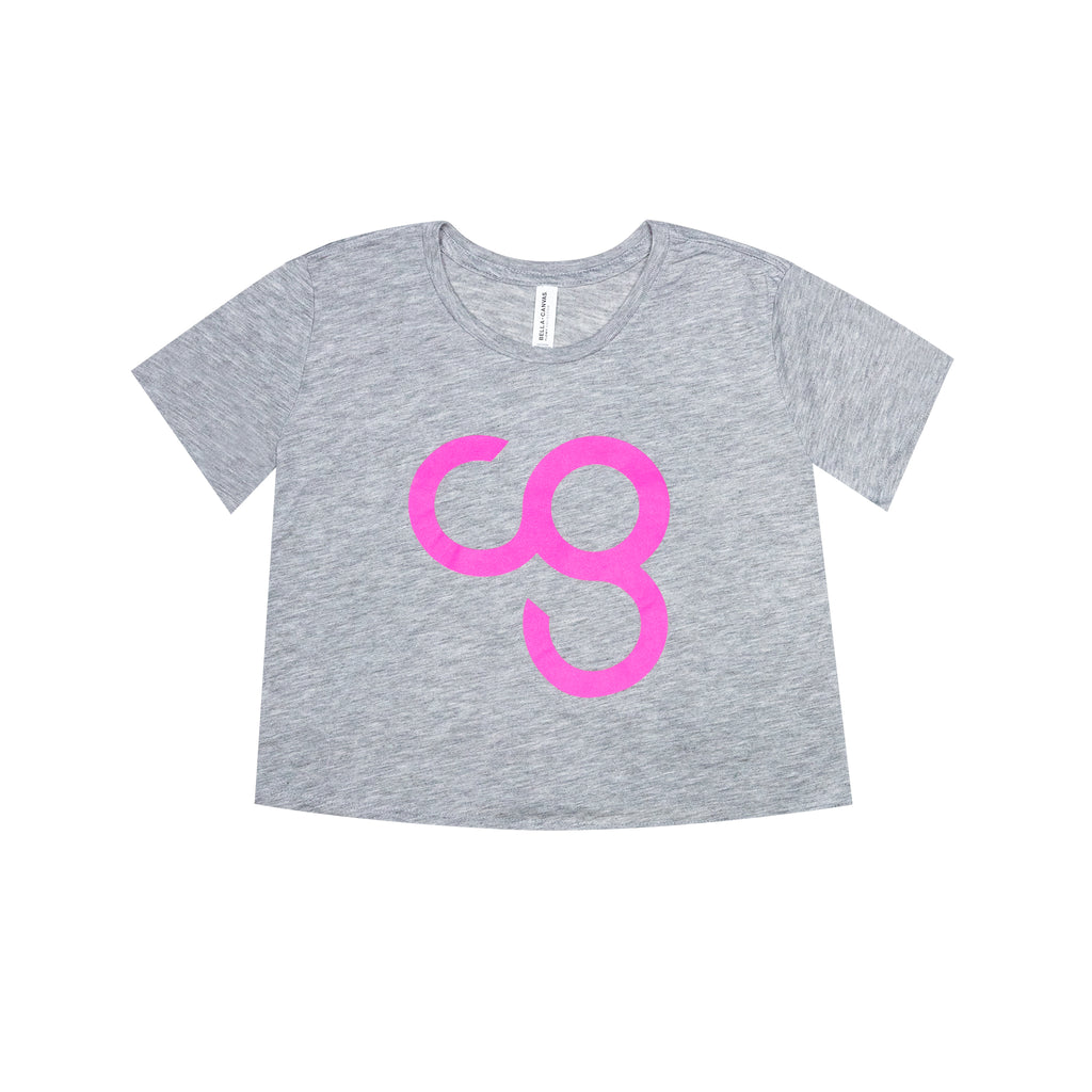 A gray crop tee with the 'CG' logo in pink on the front.