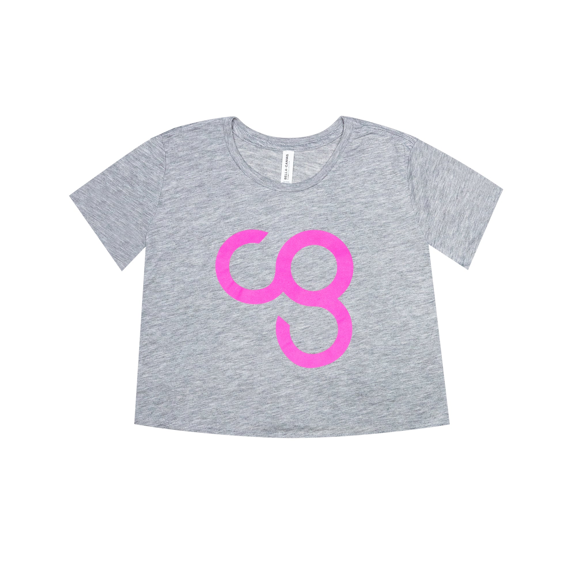 A gray crop tee with the 'CG' logo in pink on the front.