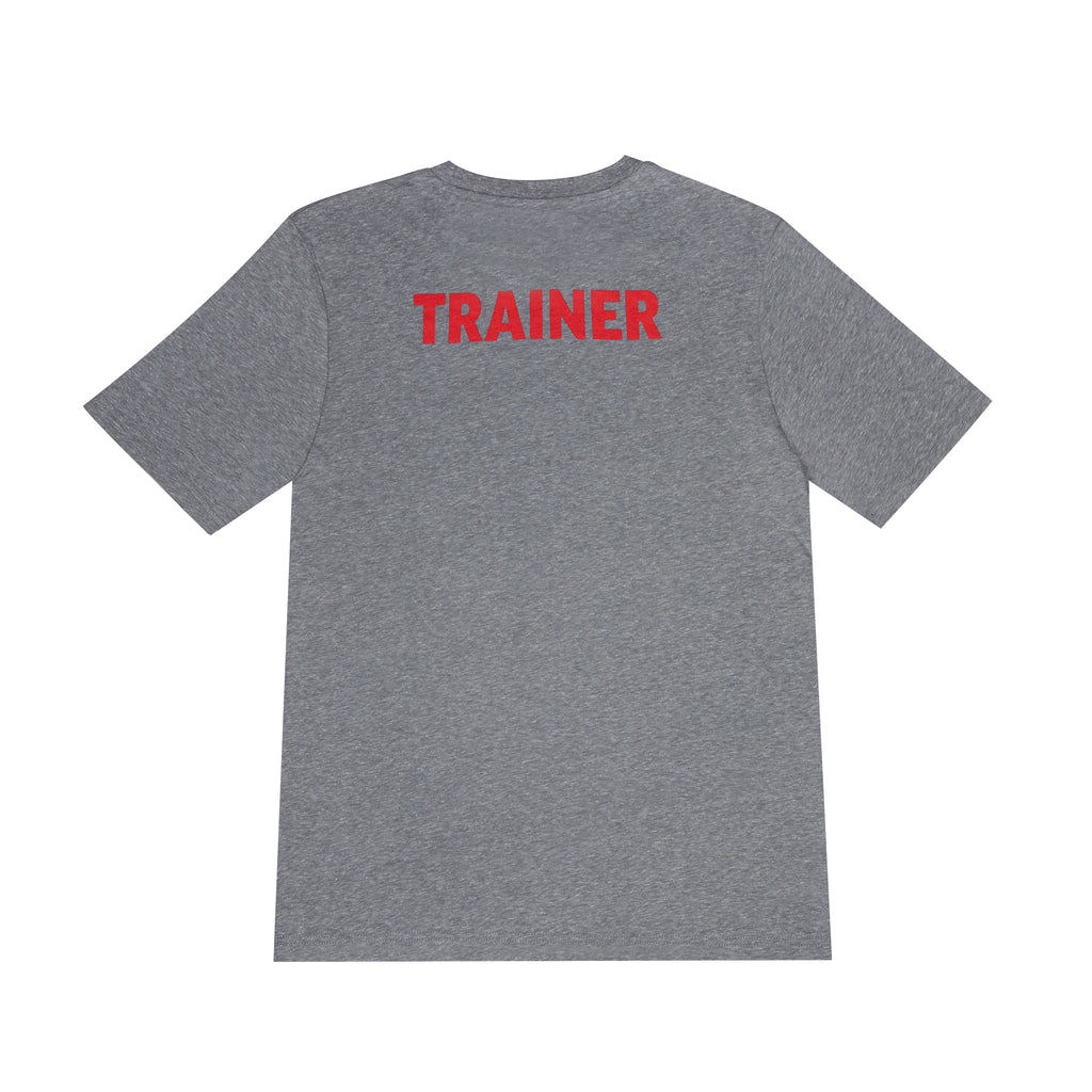 A heather grey crewneck t-shirt with the word 'TRAINER' printed in red on the back.