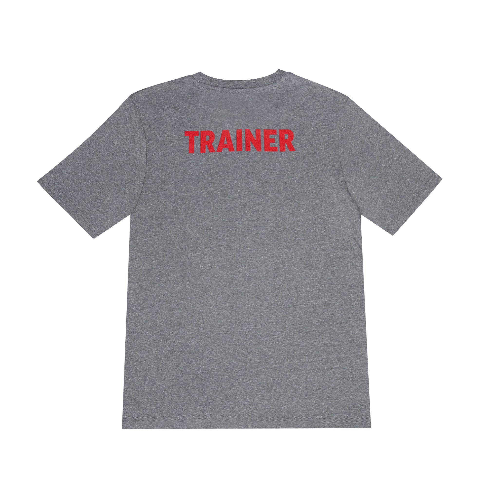 A heather grey crewneck t-shirt with the word 'TRAINER' printed in red on the back.