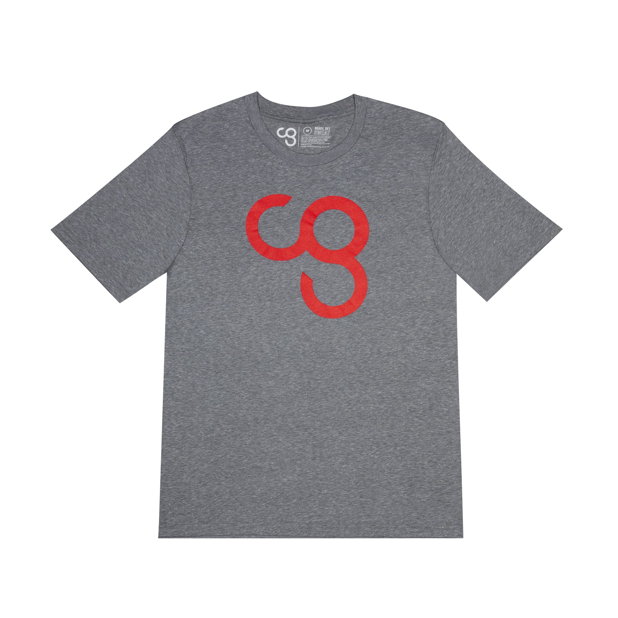 Heather grey crewneck t-shirt with red 'CG' logo on the front.
