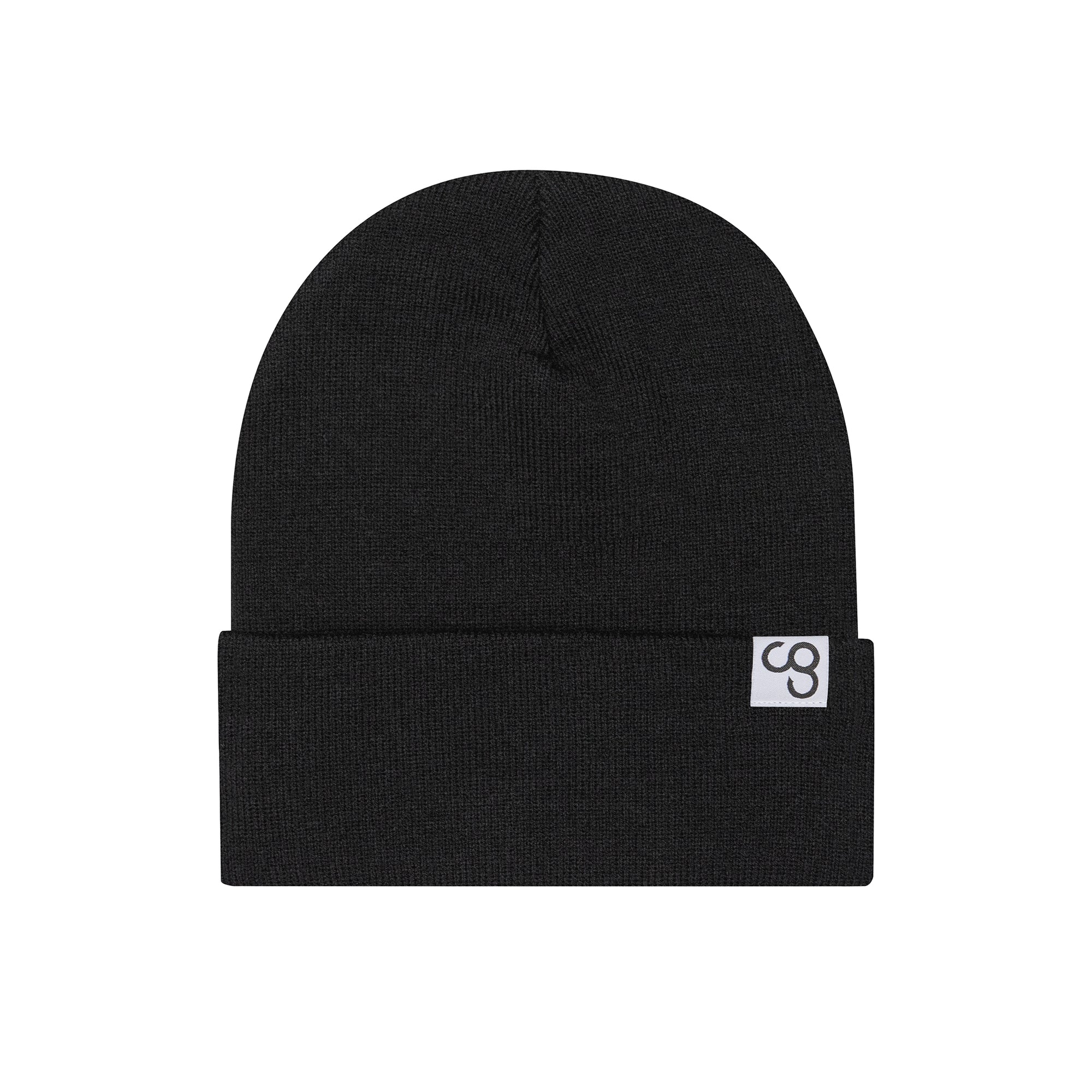 A black knit beanie with a CG branded tag on the side.