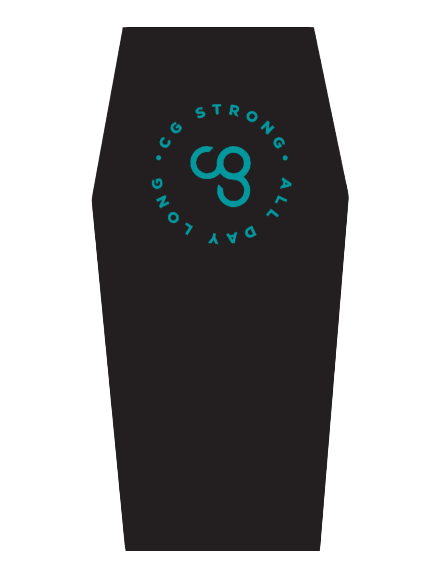 Black mat with teal logo and text on a white background