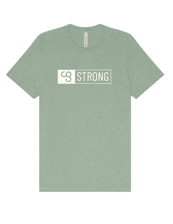 Sage green shirt with white printing that says CG Strong
