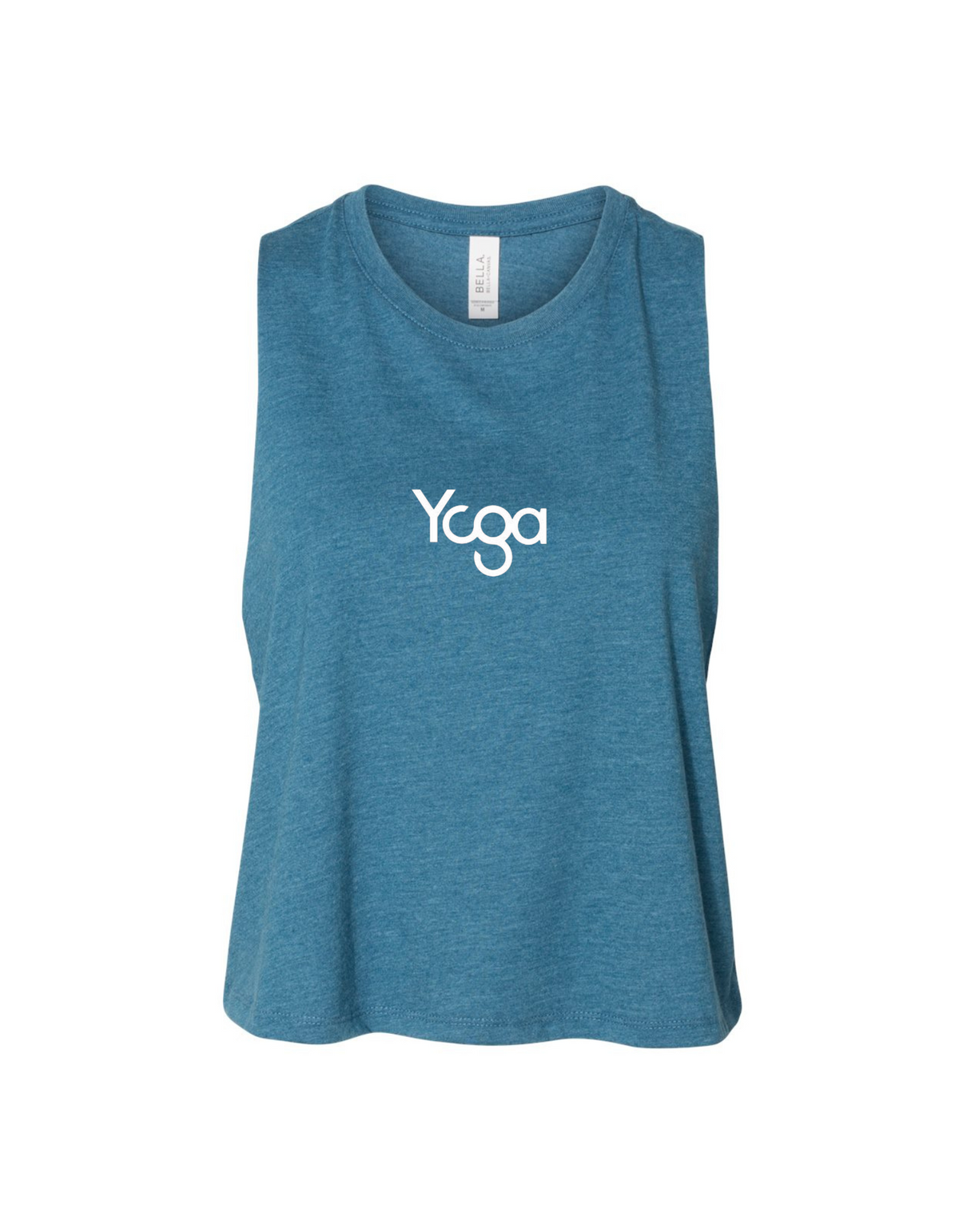 Blue sleeveless shirt with 'Yoga' text on a white background