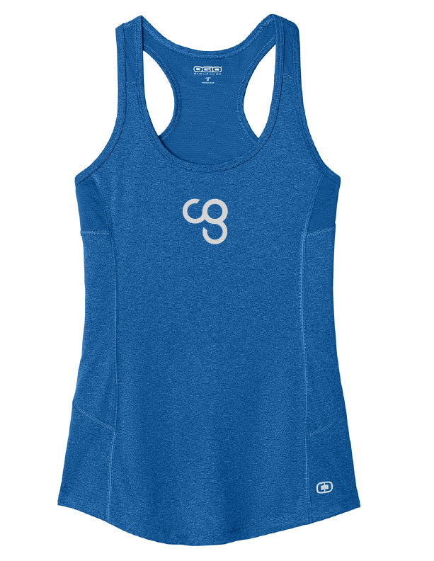 Electric blue tank top with racerback design and reflective CG logo on the front.