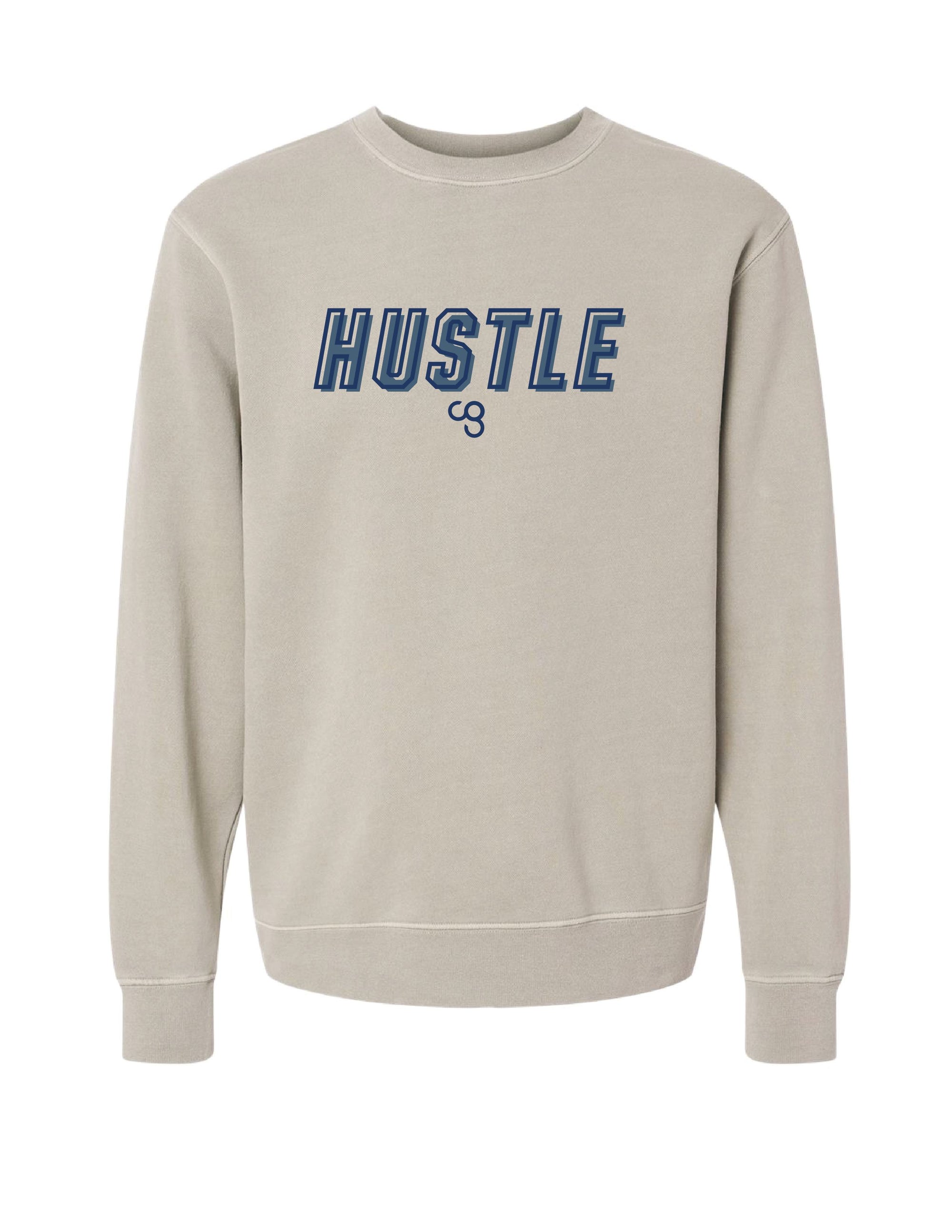 A beige crewneck sweatshirt with the word 'HUSTLE' printed in blue on the front. With CG logo.
