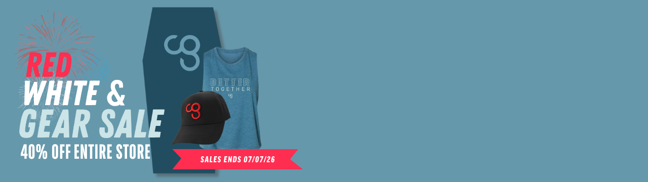 Promotional banner for a sale with a blue tank top and black cap on a blue background. 40% off sitewide sale ends 07/07/26