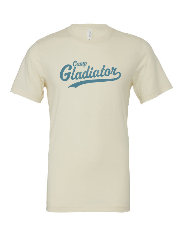 A beige t-shirt with 'Camp Gladiator' written in a curved blue script on the front.
