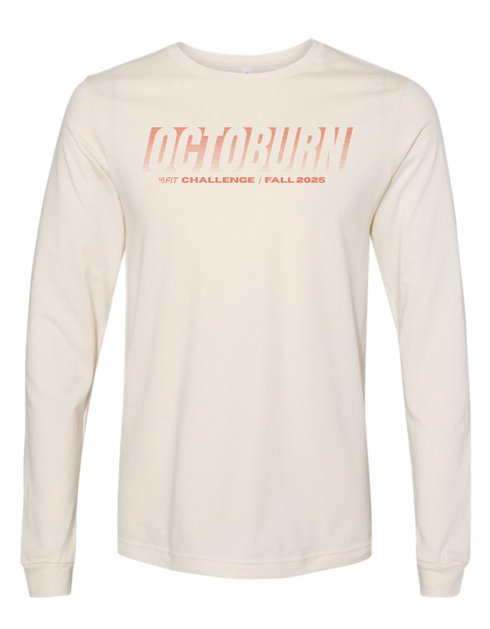 Beige long-sleeve shirt with red text on a white background