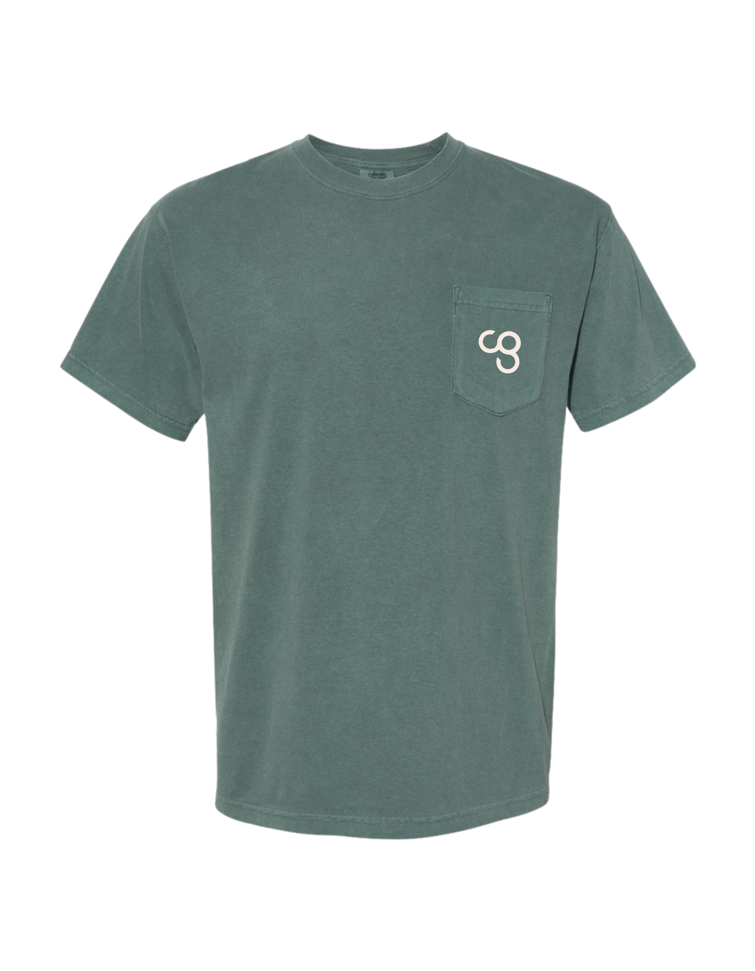 Green t-shirt with a pocket and CG logo on a white background