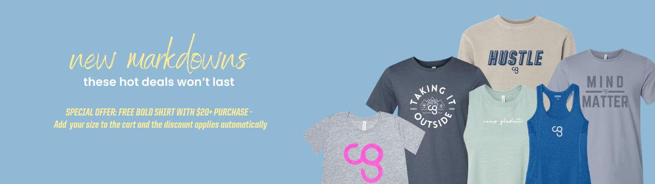 New Markdowns.  These hot deals won't last.  Special offer: free Bold t-shirt with $20+ purchase.  Add your size t-shirt to the cart and the discount applies automatically.  Picture is of a collection of shirts on a blue background.