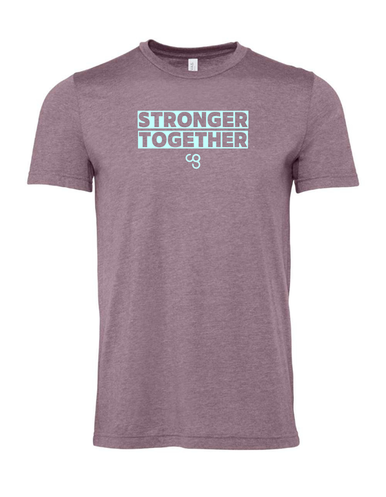 Purple t-shirt with 'Stronger Together' text on a blue background