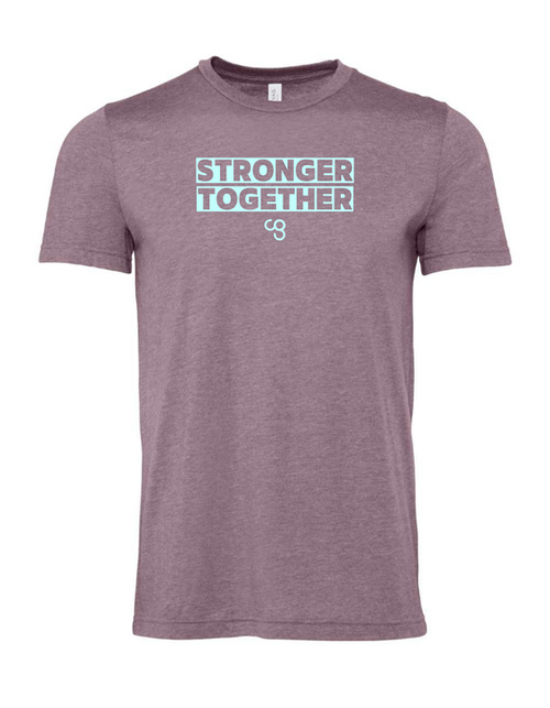 Purple t-shirt with 'Stronger Together' text on a blue background