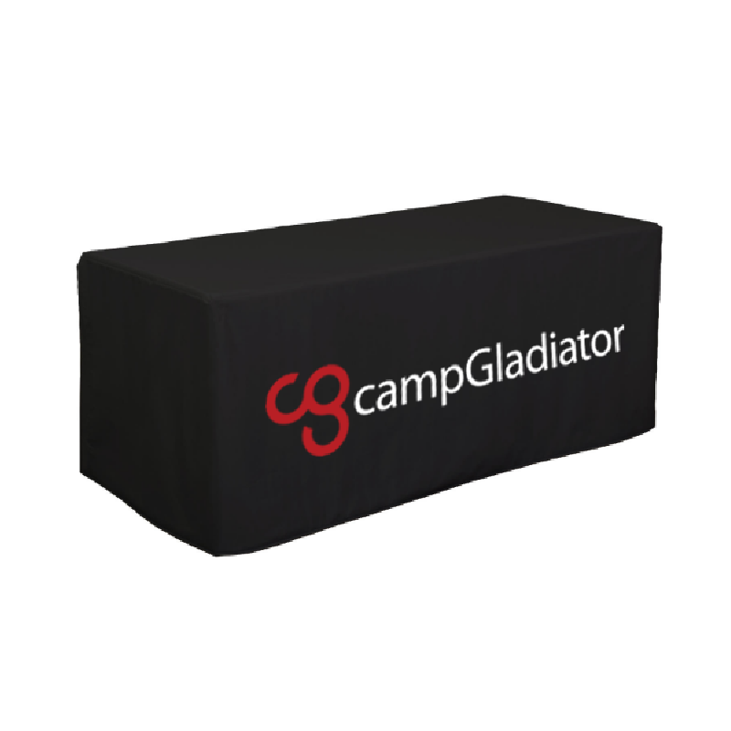 A black nylon table cover with the 'campGladiator' logo printed in white on the side. with red CG logo.
