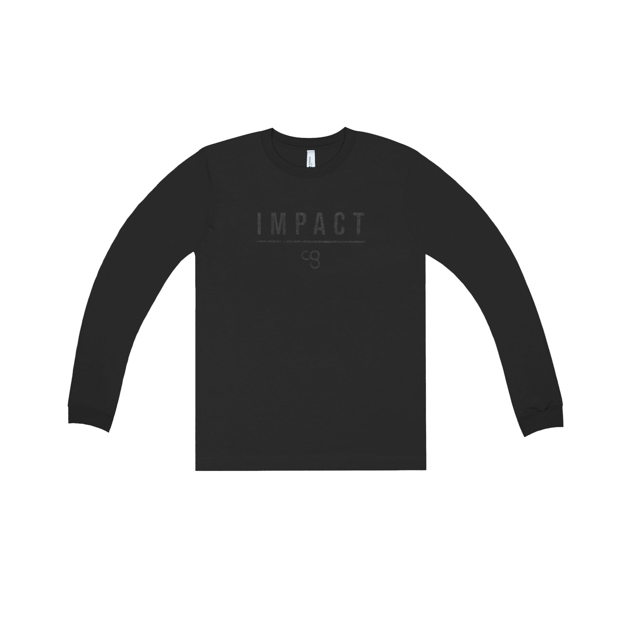 A dark grey long sleeve tee with the word 'IMPACT' and CG logo printed across the front in bold letters.